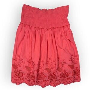 Venice Blue Coral Pink Smocked Waist Embroidered Eyelet Scallop Hem Midi Skirt